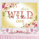 Rosa Blumen Und Gold Funkeln Wild Eins Geburtstag Hintergrund